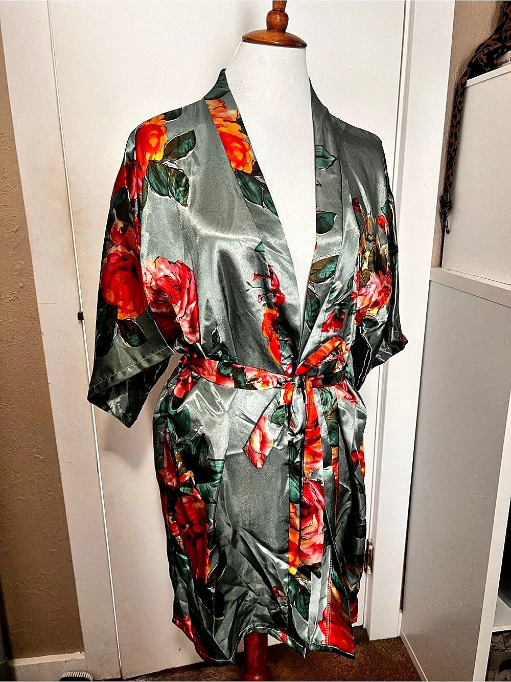Floral Satin Wrap Robe Mint Green oral